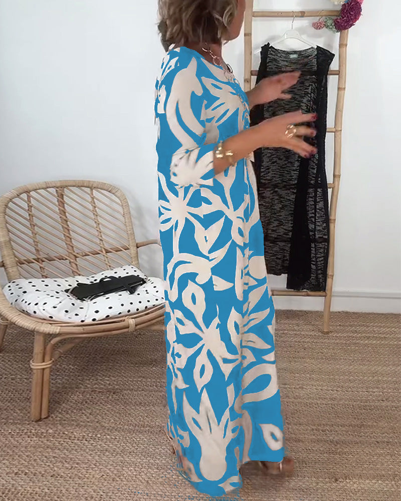 Élégance Amandine – Printed round neck dress with long sleeves