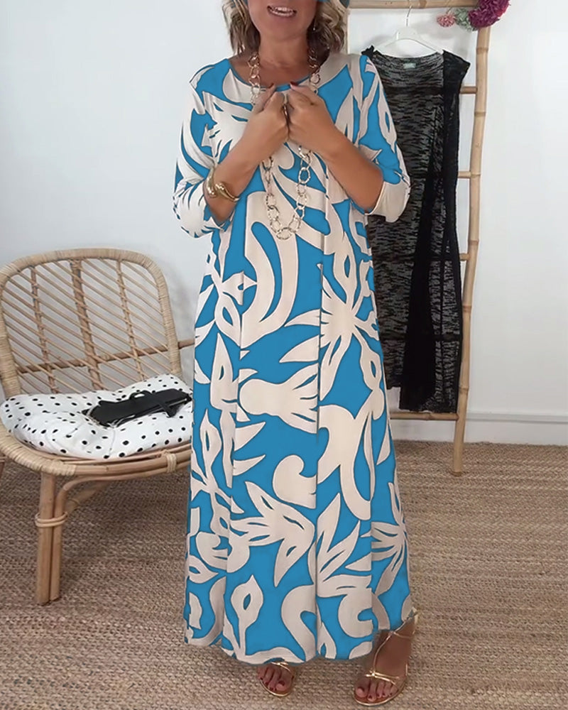 Élégance Amandine – Printed round neck dress with long sleeves