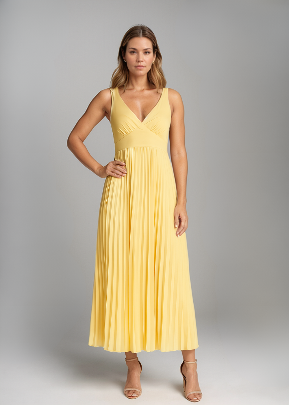 Alva™ | Pleated Midi Dress with V-Neck