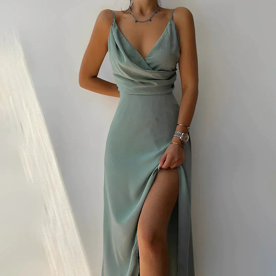 Mila™ | Satin Dress with Waterfall Neckline and Slit