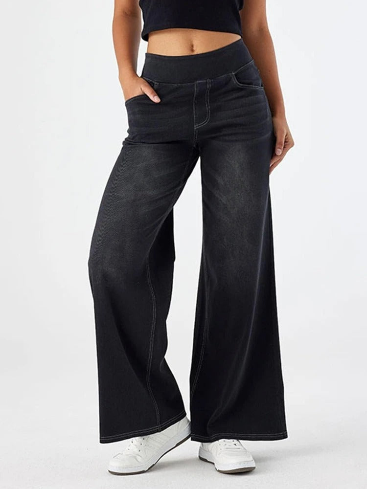 NottingWear™ High Waisted Multiple Pockets Baggy Wide Leg Washed Stretchy Knit Casual Jeans