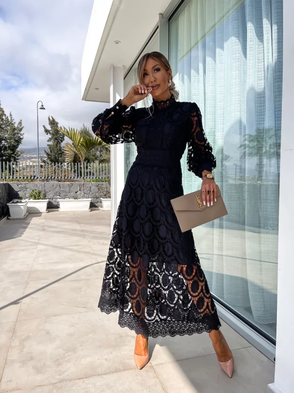 Elaina | Elegant midi dress with delicate lace accents