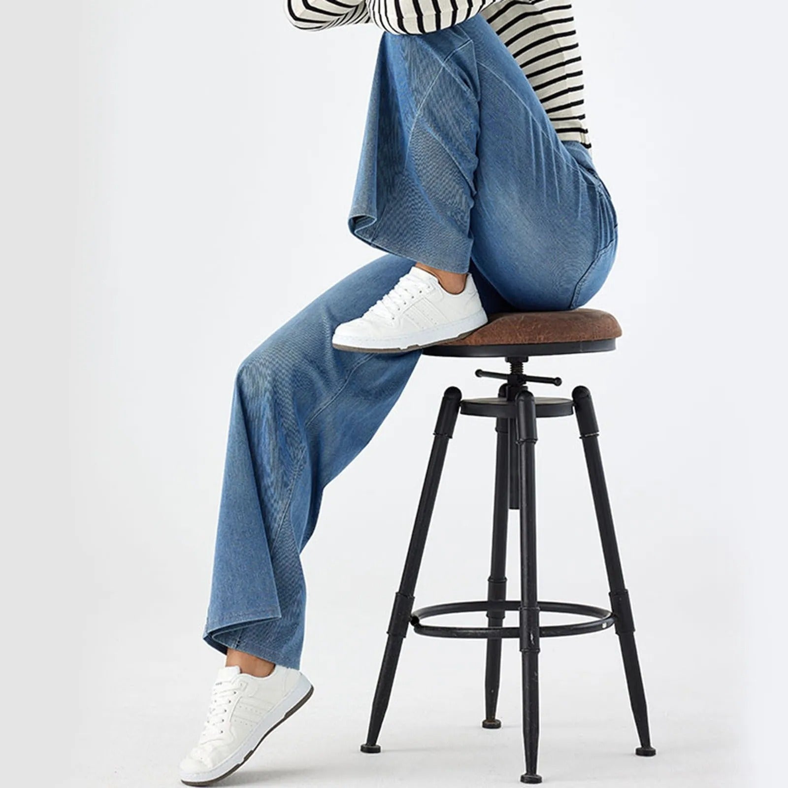 NottingWear™ High Waisted Multiple Pockets Baggy Wide Leg Washed Stretchy Knit Casual Jeans