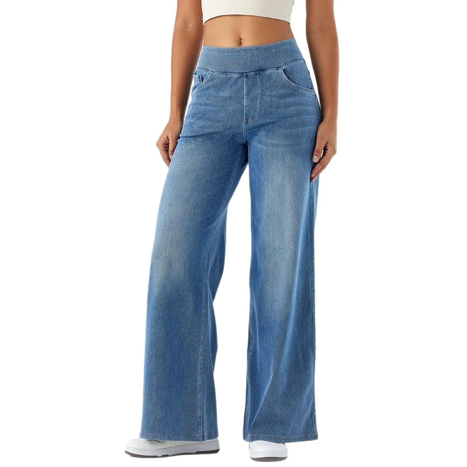 NottingWear™ High Waisted Multiple Pockets Baggy Wide Leg Washed Stretchy Knit Casual Jeans
