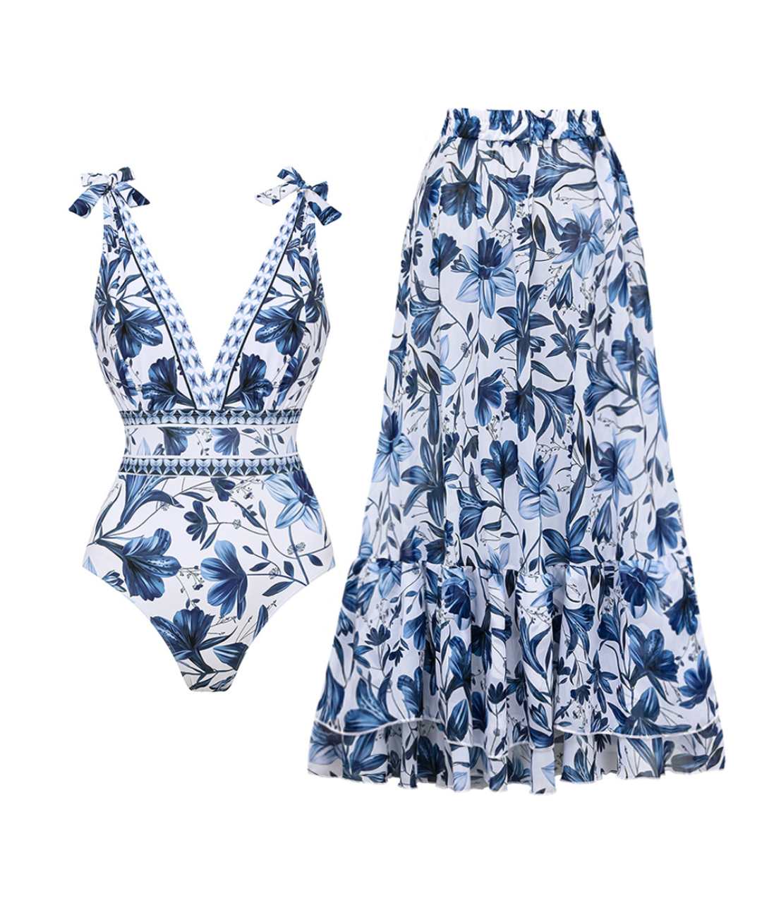Amelia | 2 in 1 V-neck Swimsuit with Matching Skirt