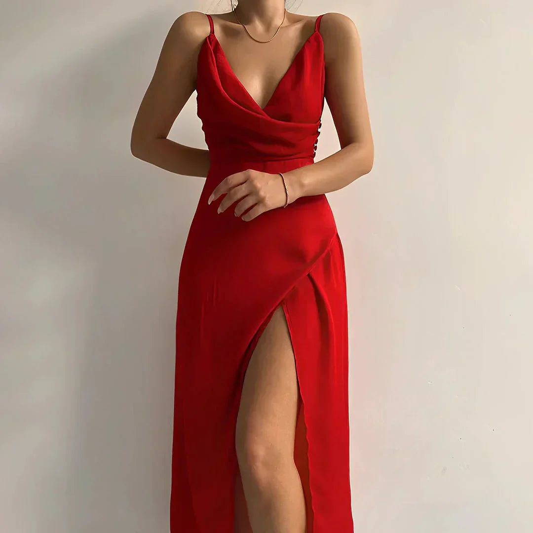 Mila™ | Satin Dress with Waterfall Neckline and Slit
